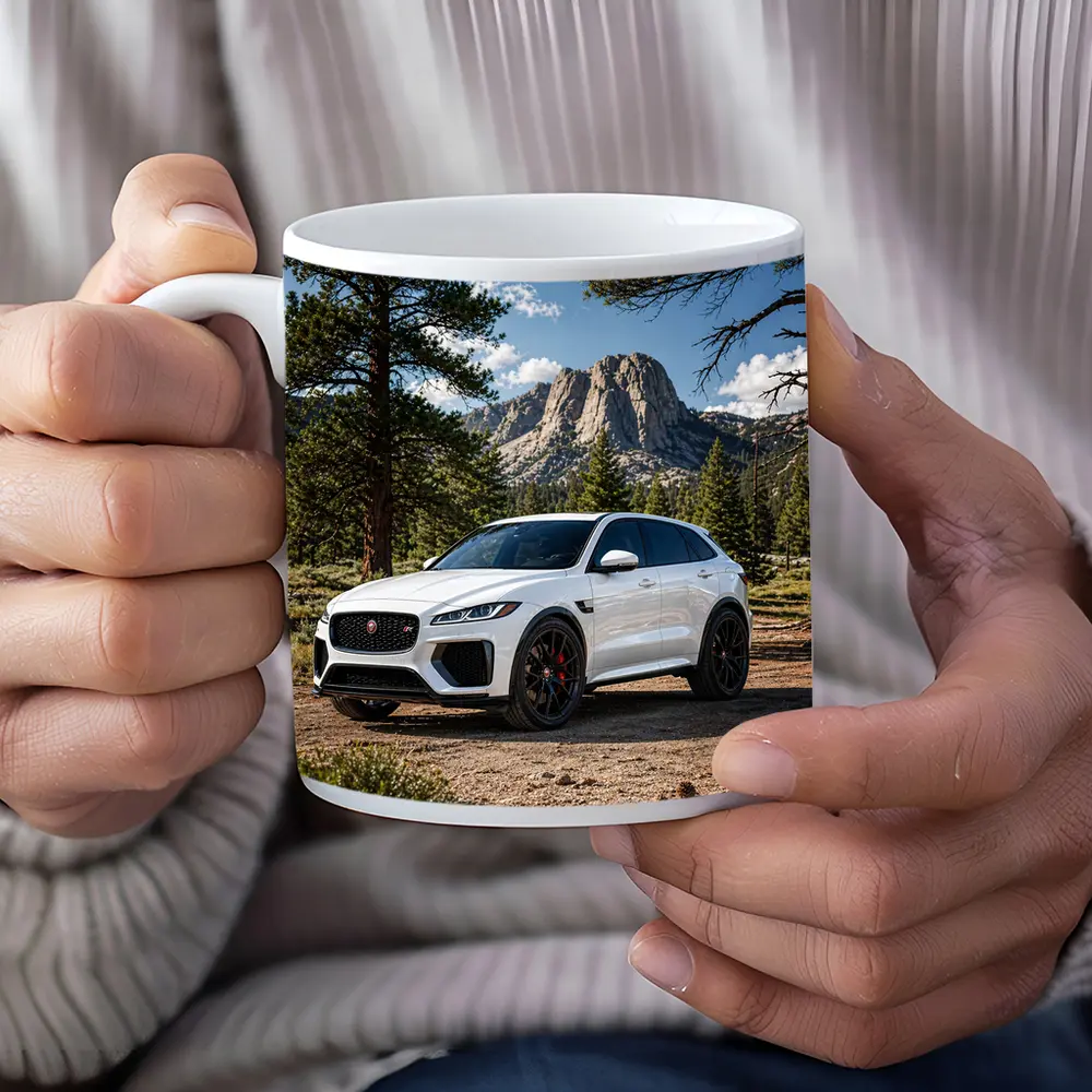 White Jaguar F-Pace SVR Mountain Forest Setting – Mugs