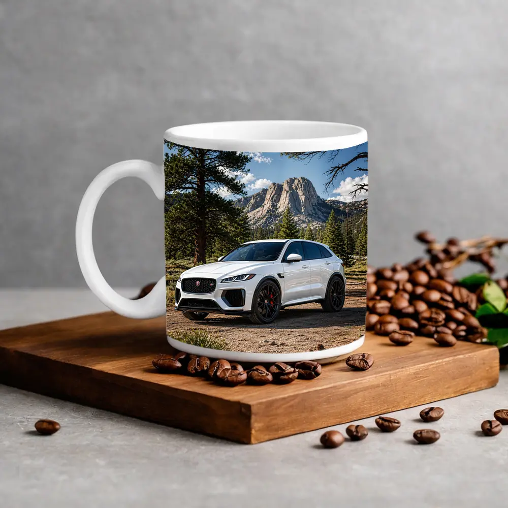 White Jaguar F-Pace SVR Mountain Forest Setting – Mugs