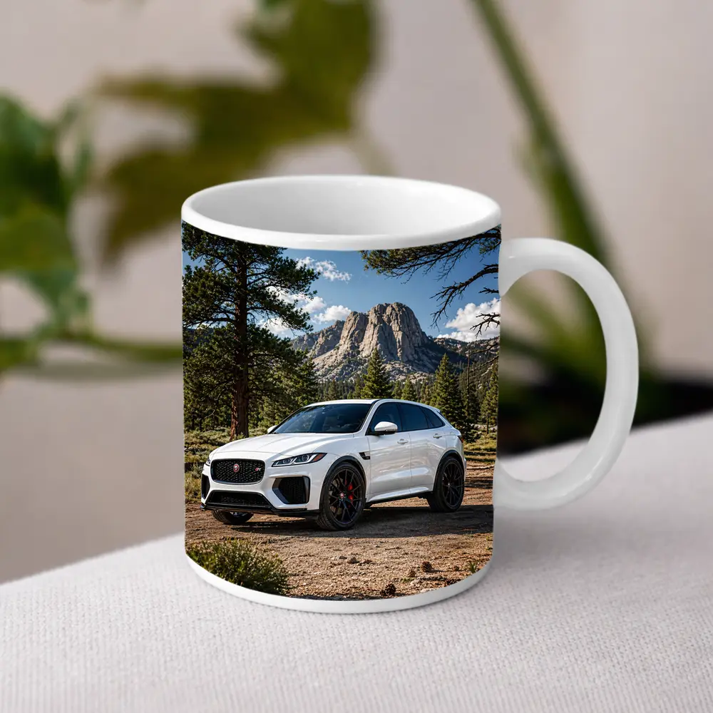 White Jaguar F-Pace SVR Mountain Forest Setting – Mugs