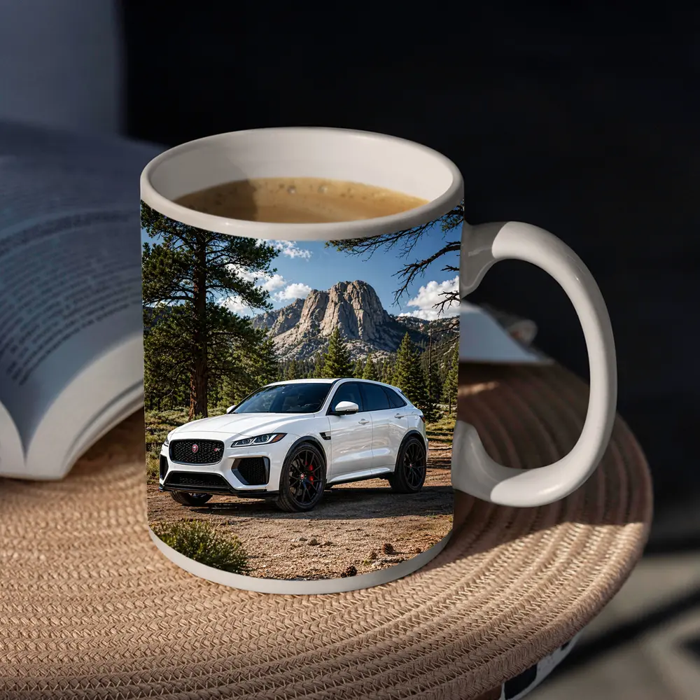 White Jaguar F-Pace SVR Mountain Forest Setting – Mugs