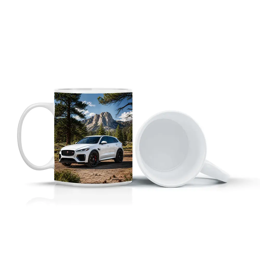 White Jaguar F-Pace SVR Mountain Forest Setting – Mugs
