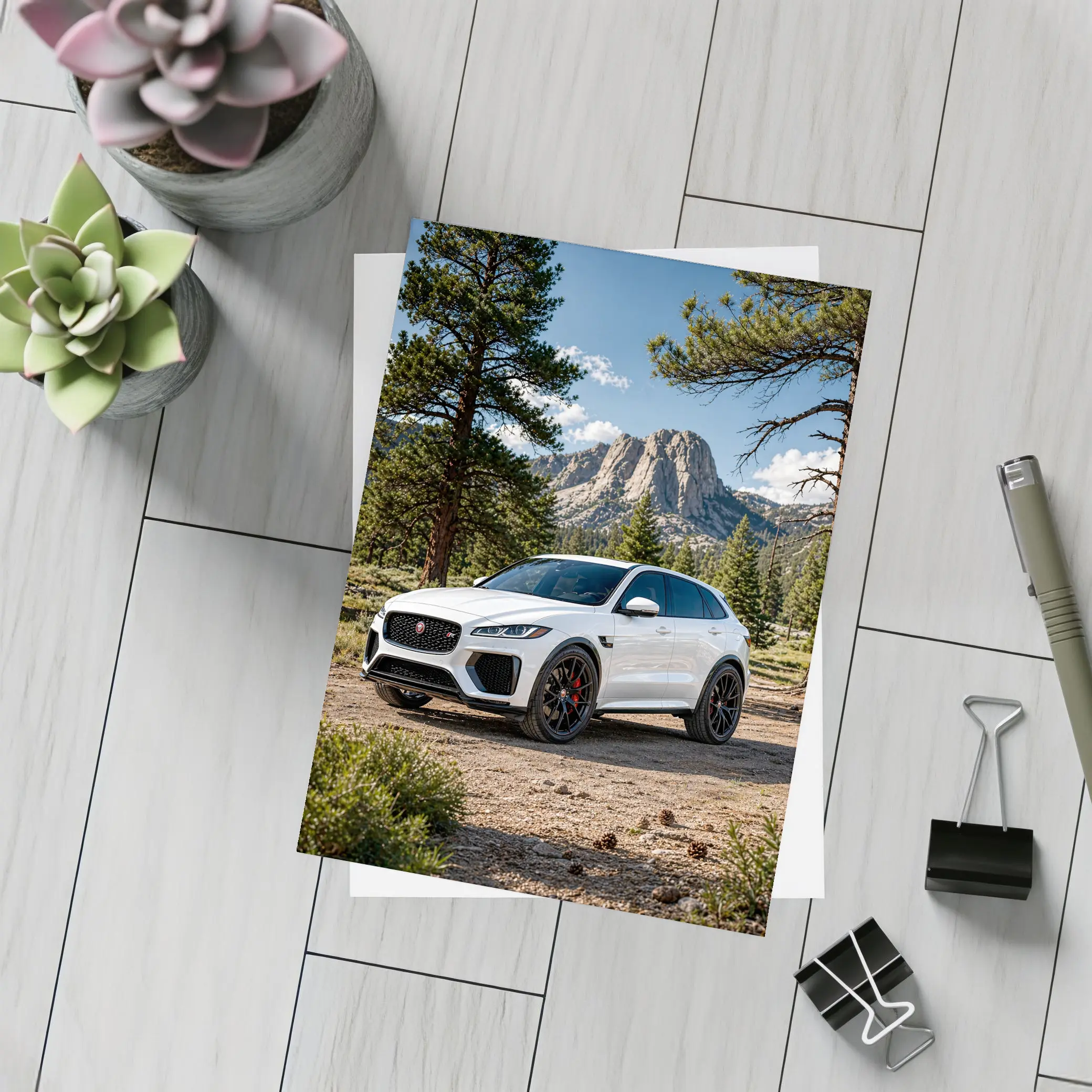 White Jaguar F-Pace SVR Mountain Forest Setting – Postcards