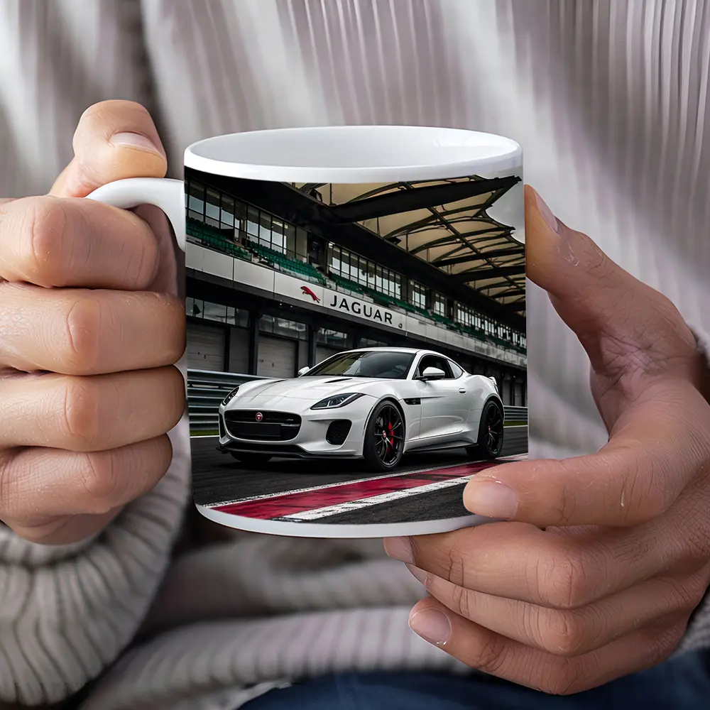 White Jaguar F-Type on Race Track – Mugs