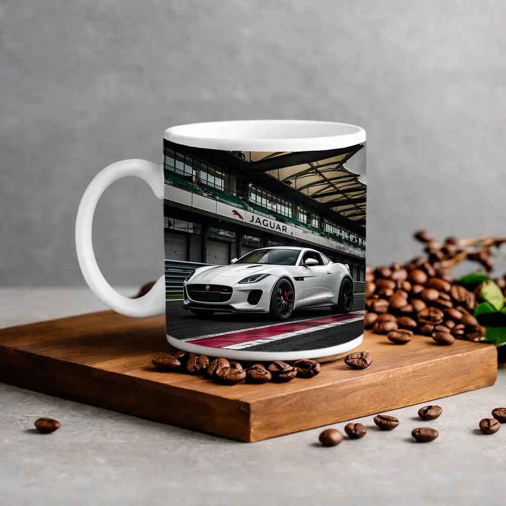 White Jaguar F-Type on Race Track – Mugs