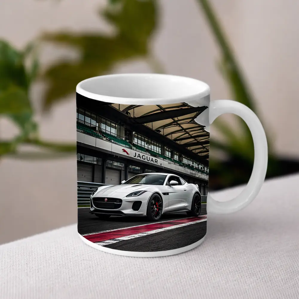 White Jaguar F-Type on Race Track – Mugs