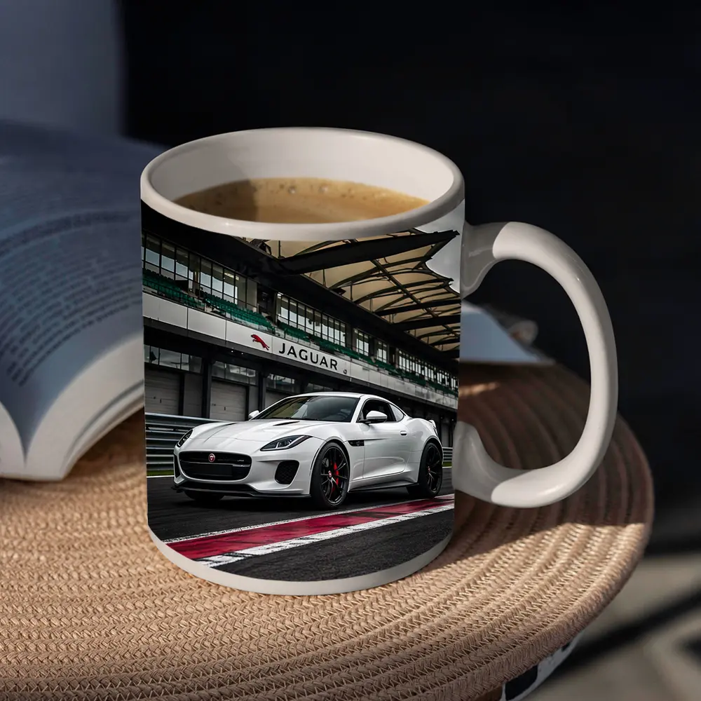 White Jaguar F-Type on Race Track – Mugs
