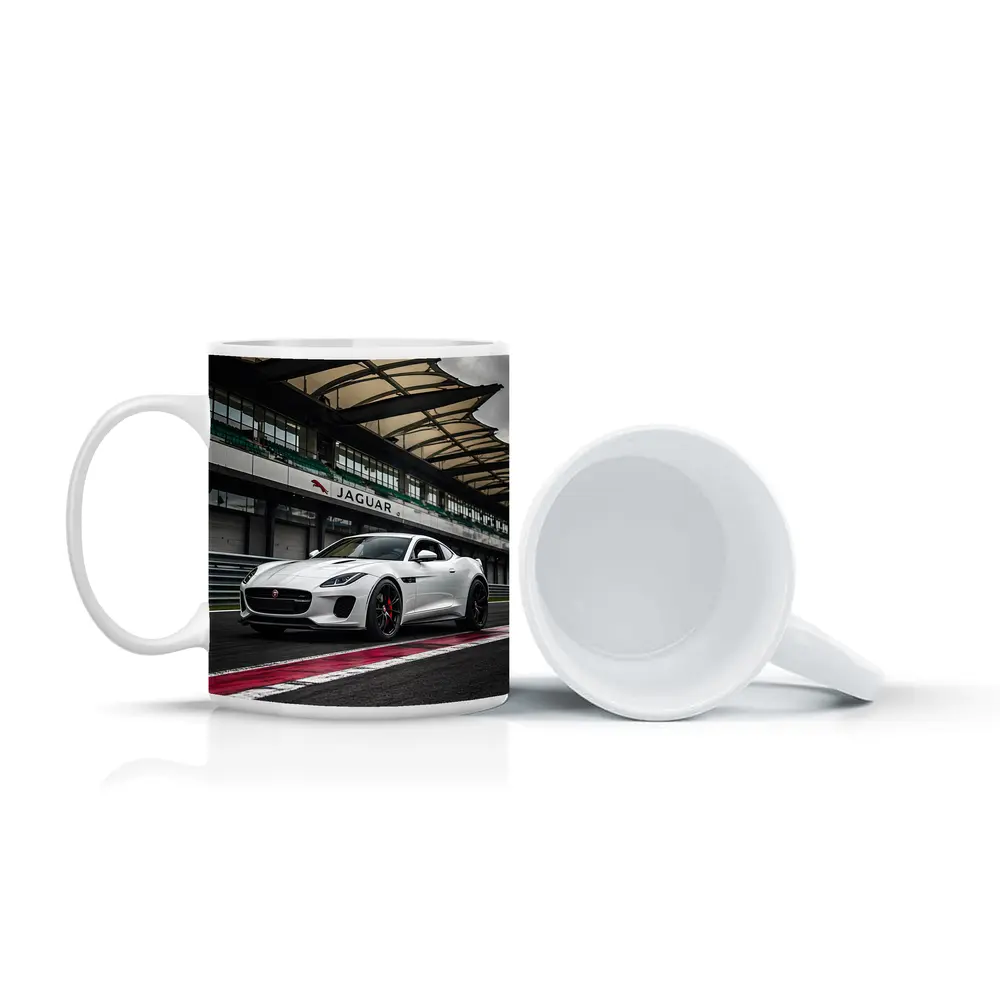 White Jaguar F-Type on Race Track – Mugs