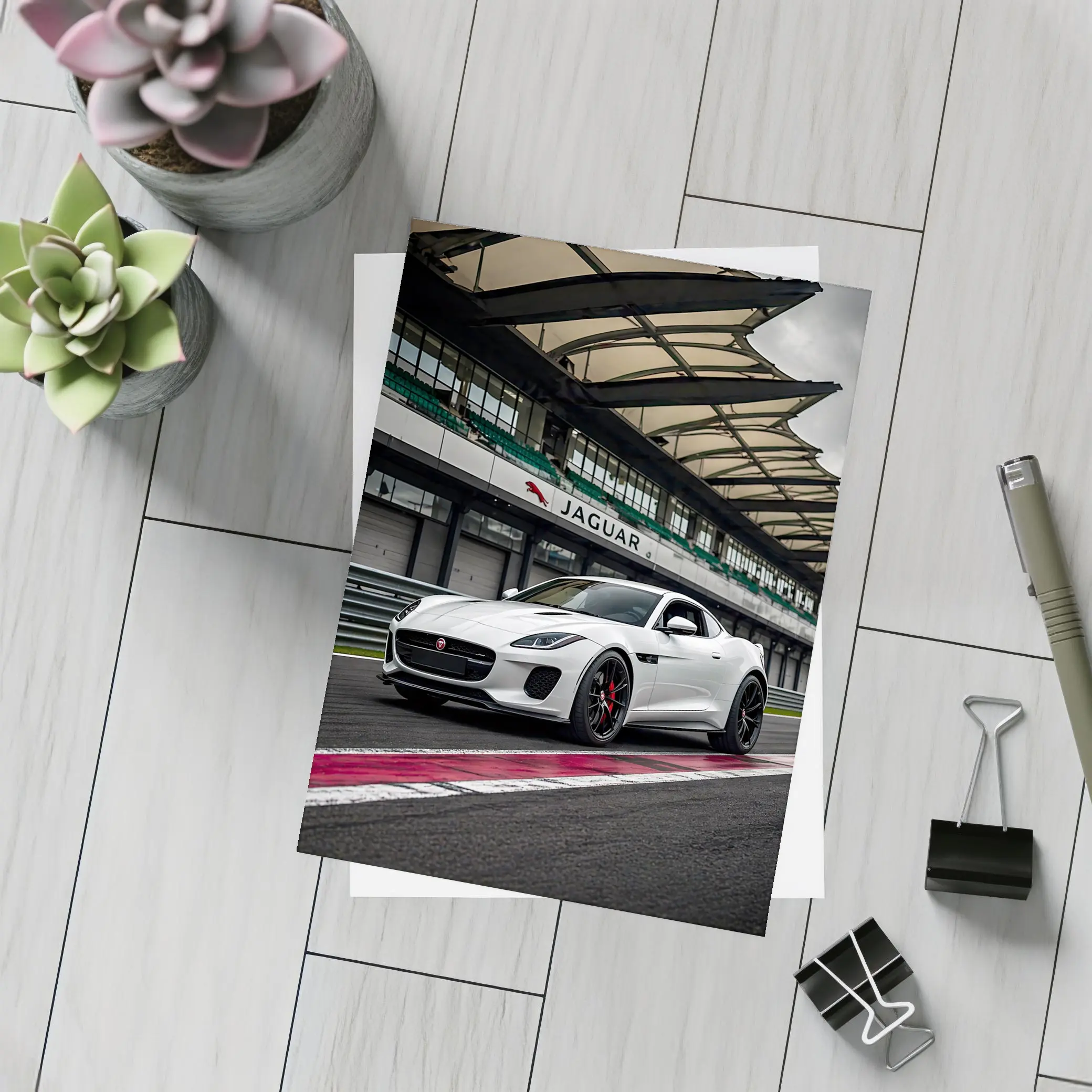 White Jaguar F-Type on Race Track – Postcards