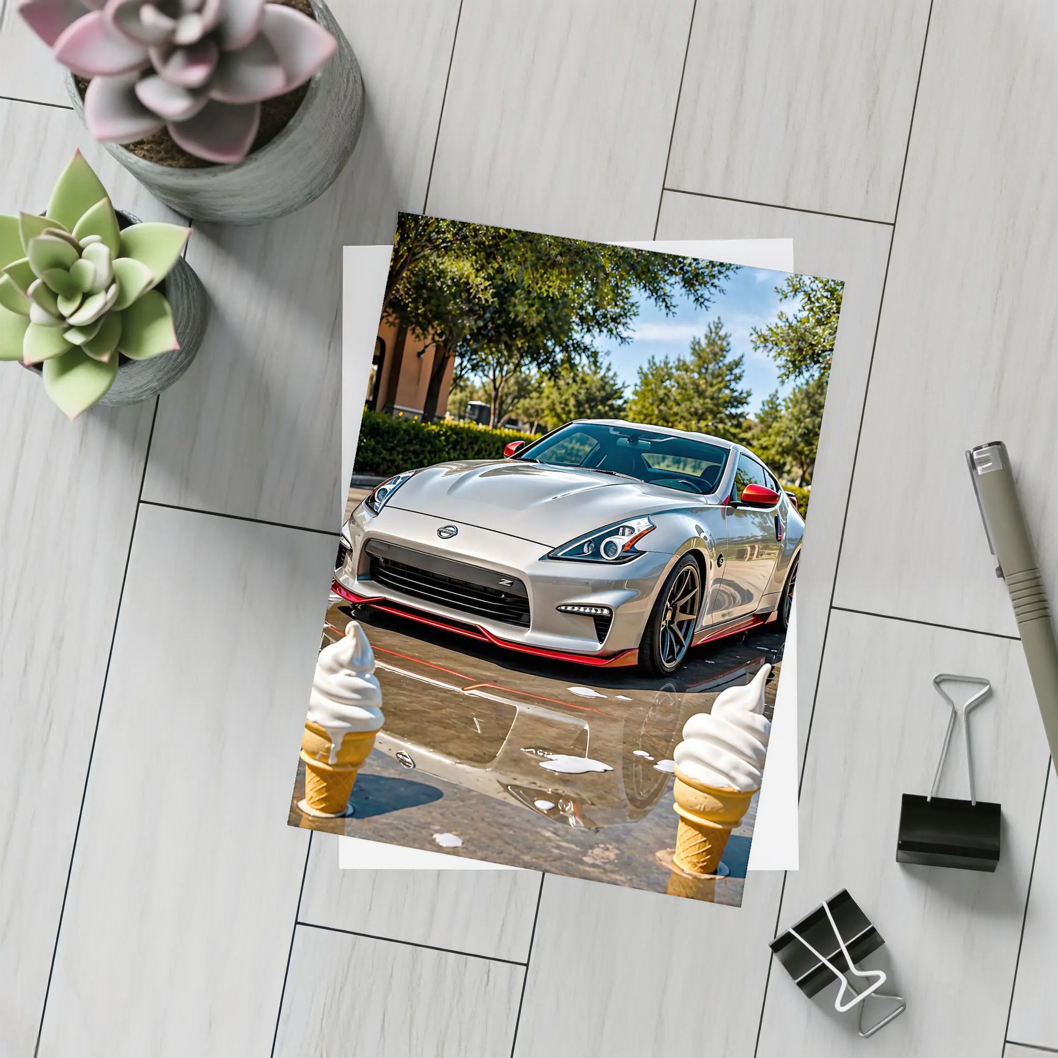 Nissan 370Z Silver Sports Car Sunny Day – Postcards