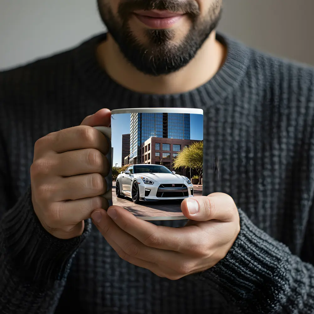 White Nissan GT-R City Downtown Setting – Mugs