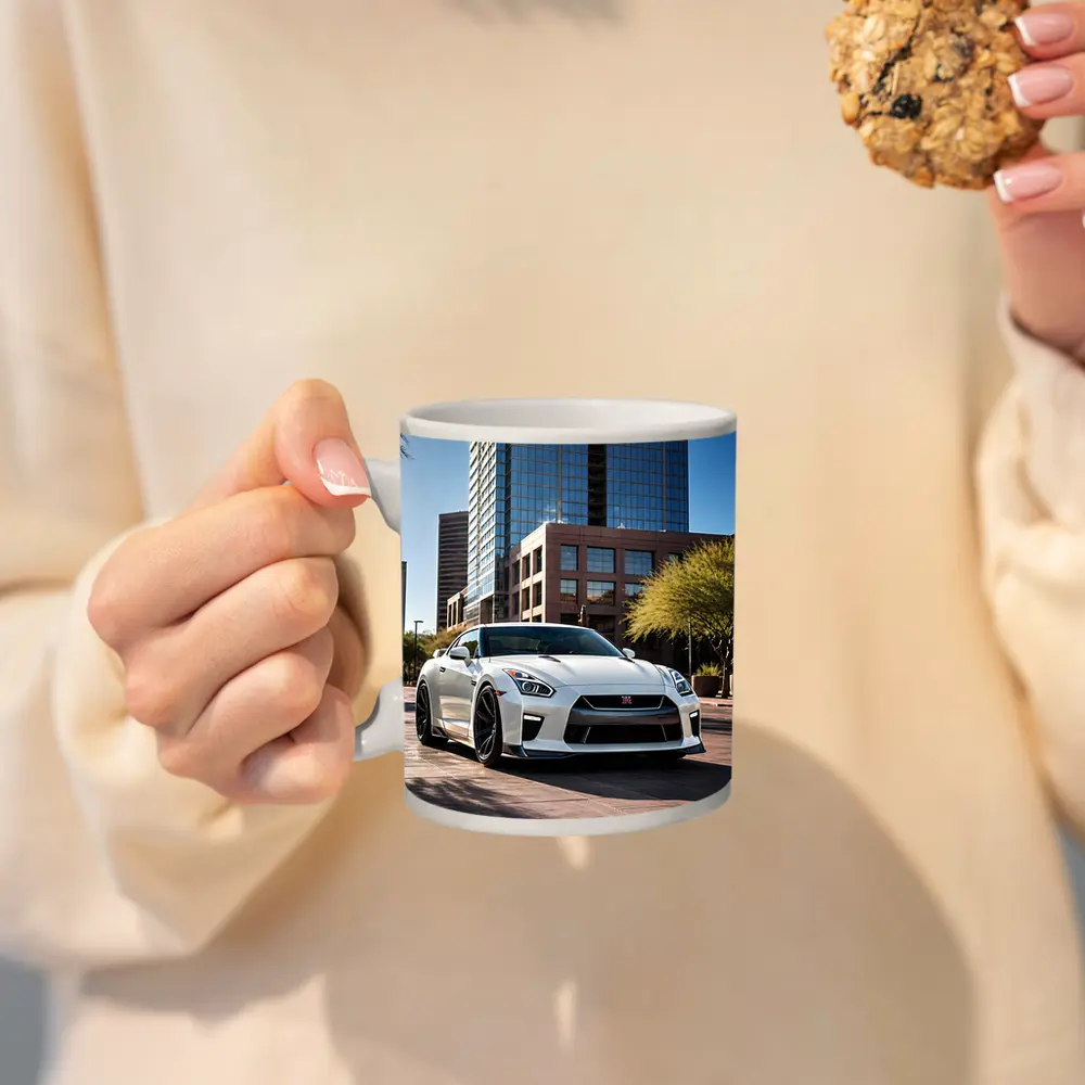 White Nissan GT-R City Downtown Setting – Mugs