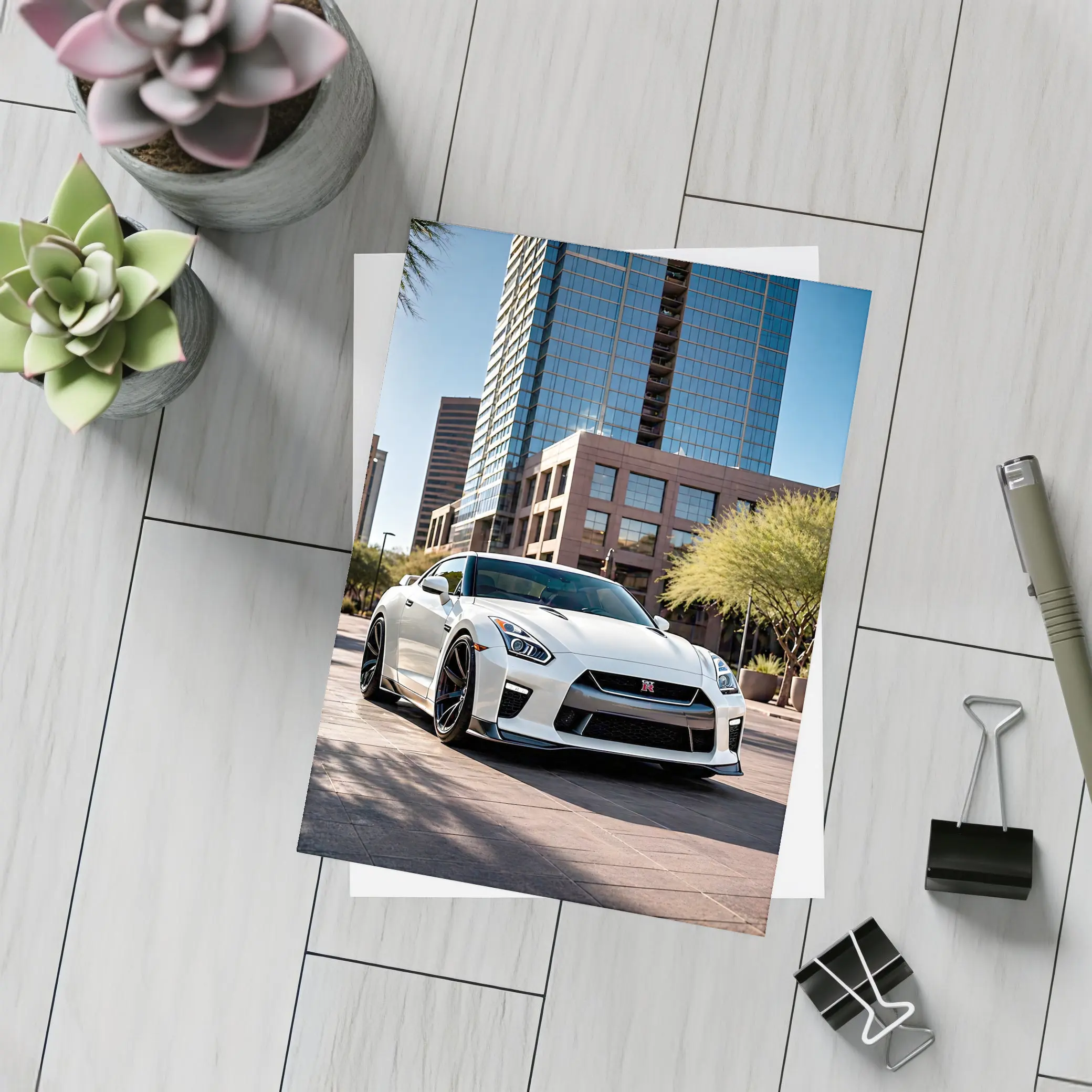 White Nissan GT-R City Downtown Setting – Postcards