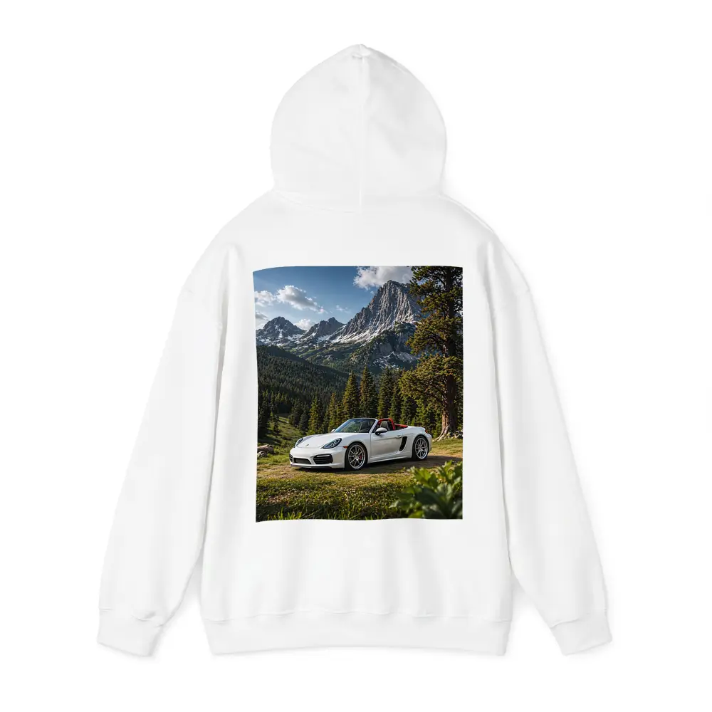 White Porsche Boxster Mountain Forest Setting – Hoodies