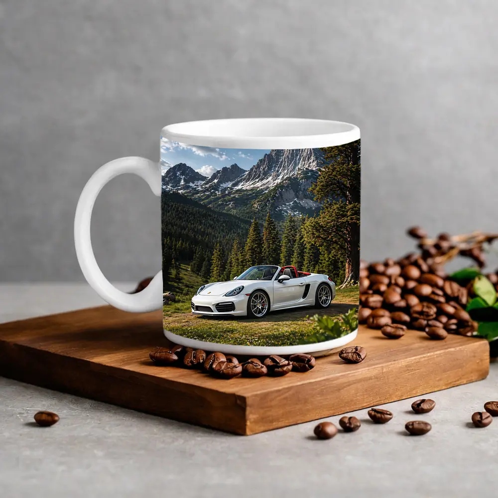 White Porsche Boxster Mountain Forest Setting – Mugs