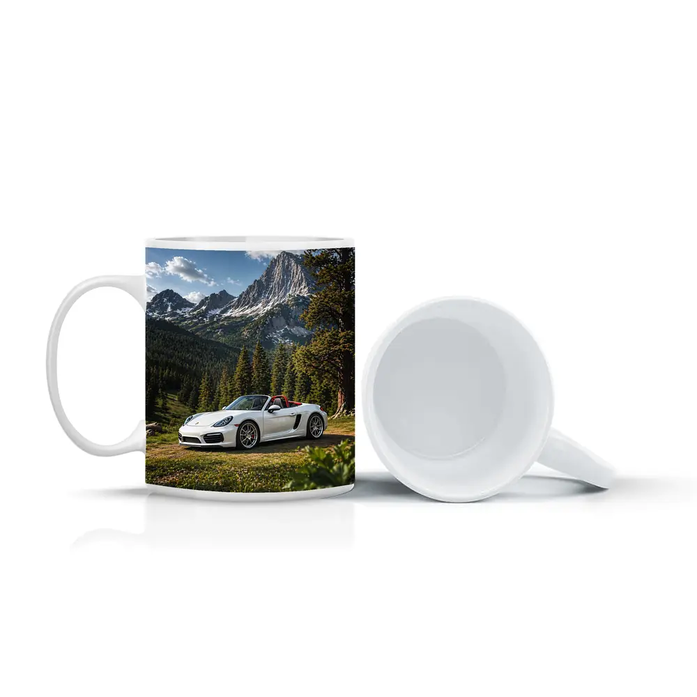 White Porsche Boxster Mountain Forest Setting – Mugs