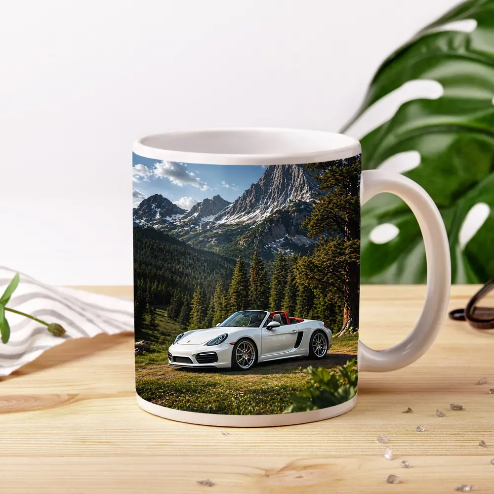 White Porsche Boxster Mountain Forest Setting – Mugs
