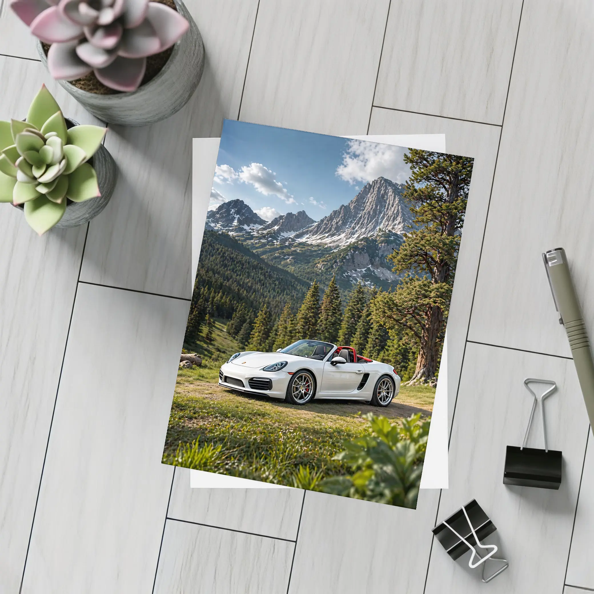 White Porsche Boxster Mountain Forest Setting – Postcards