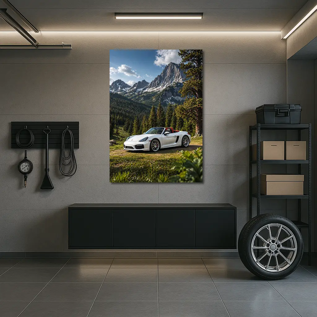 White Porsche Boxster Mountain Forest Setting – Wall Art