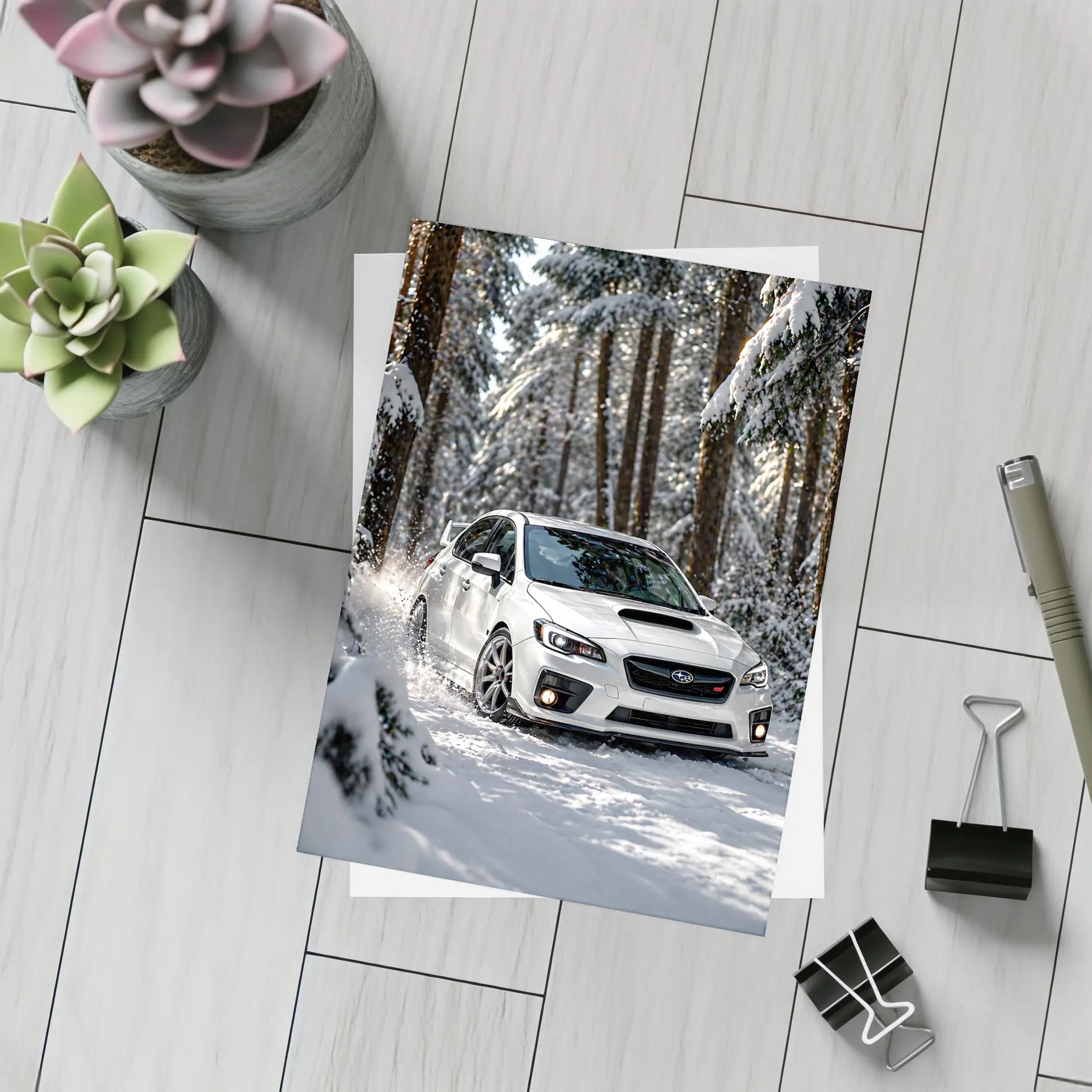 Subaru WRX STI White Snowy Forest Drive – Postcards