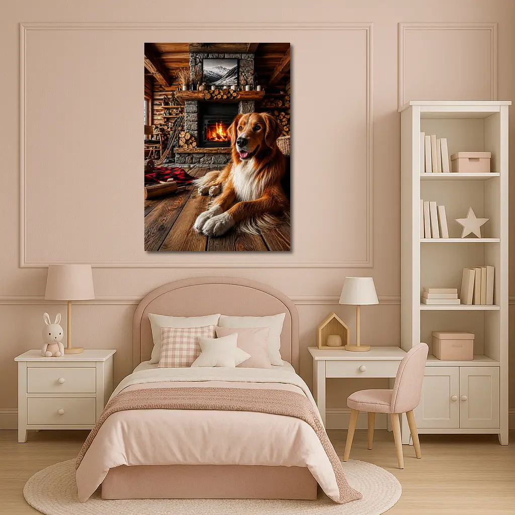 Golden Retriever Resting by Cozy Cabin Fireplace – Wall Art