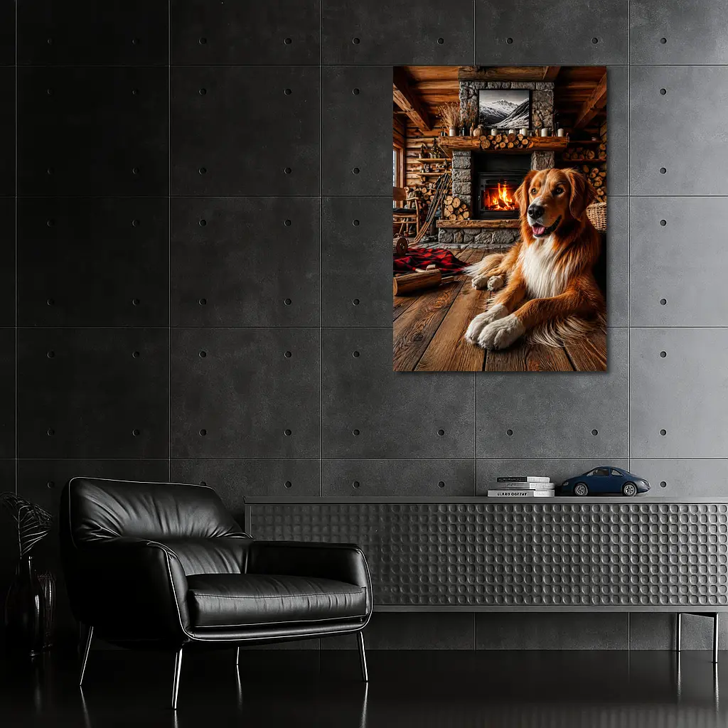 Golden Retriever Resting by Cozy Cabin Fireplace – Wall Art