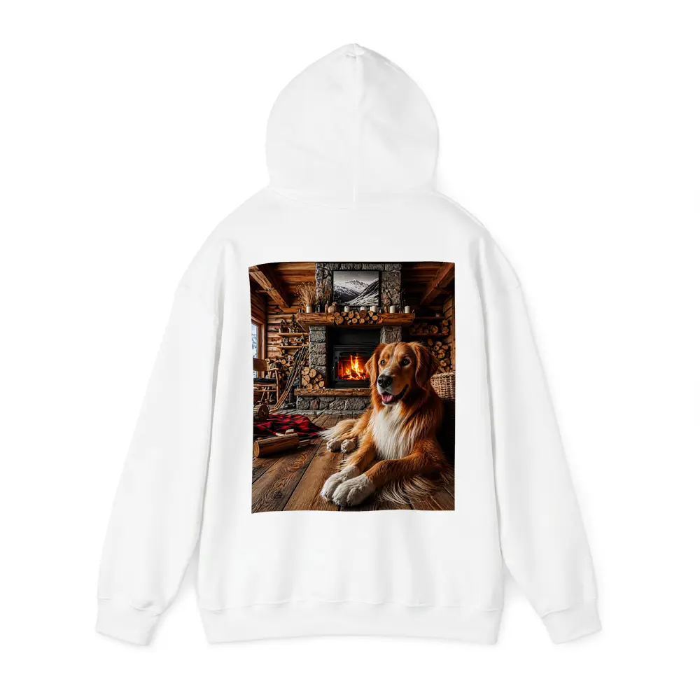 Golden Retriever Resting by Cozy Cabin Fireplace – Hoodies