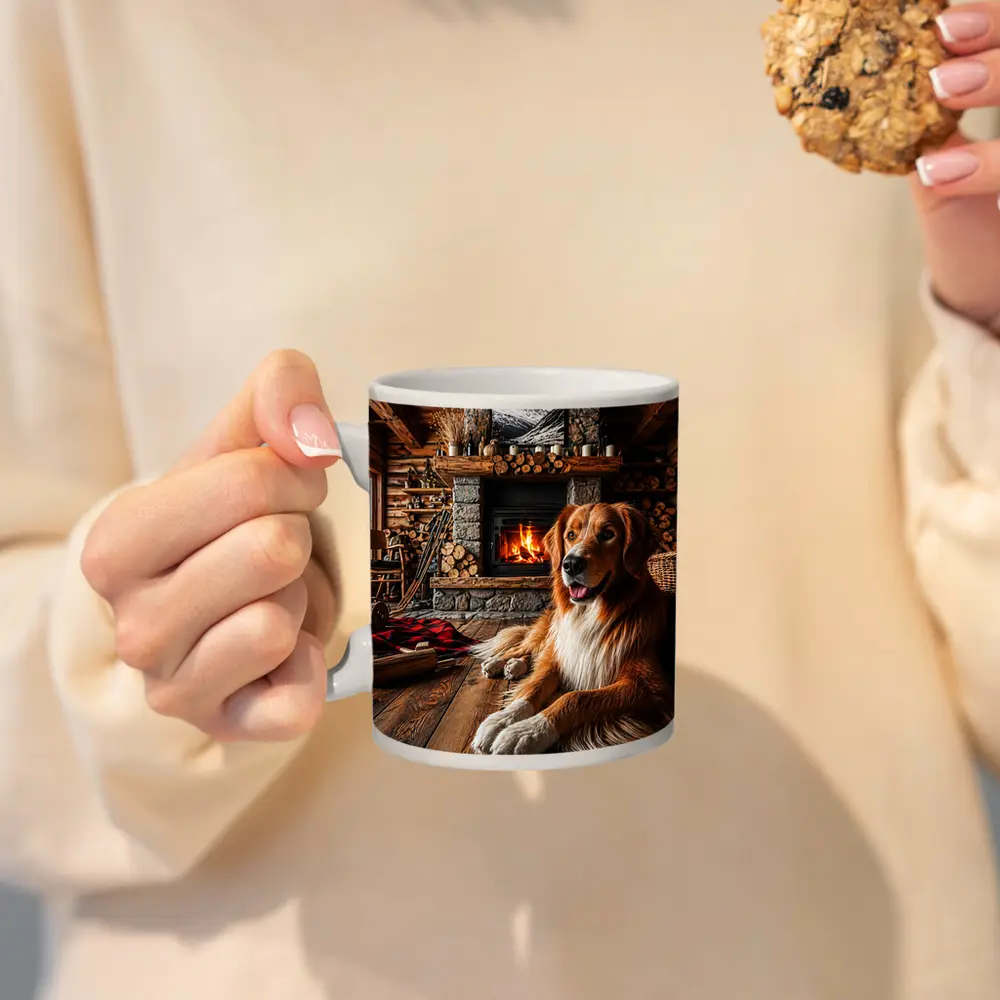 Golden Retriever Resting by Cozy Cabin Fireplace – Mugs