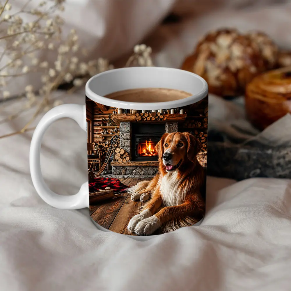 Golden Retriever Resting by Cozy Cabin Fireplace – Mugs