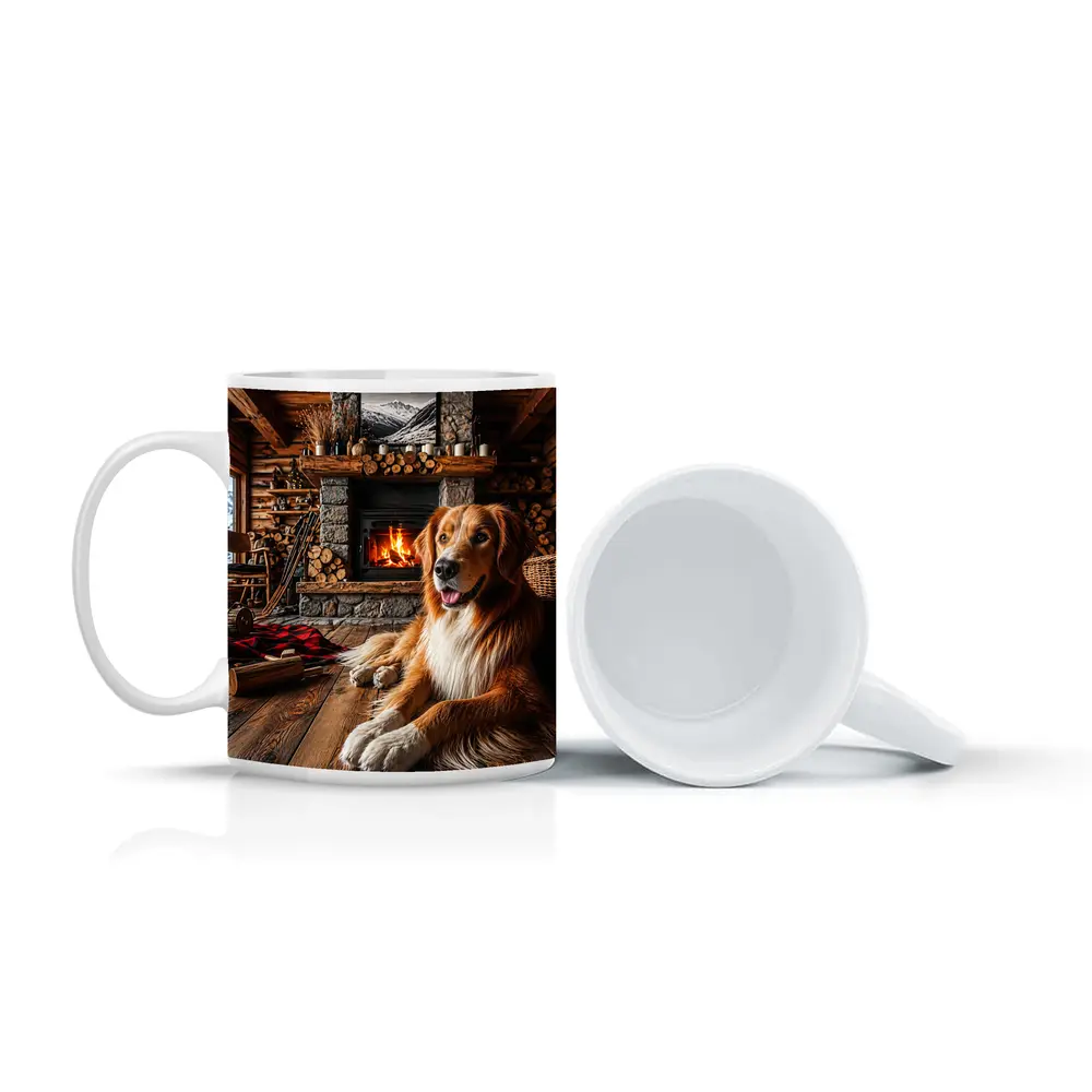 Golden Retriever Resting by Cozy Cabin Fireplace – Mugs