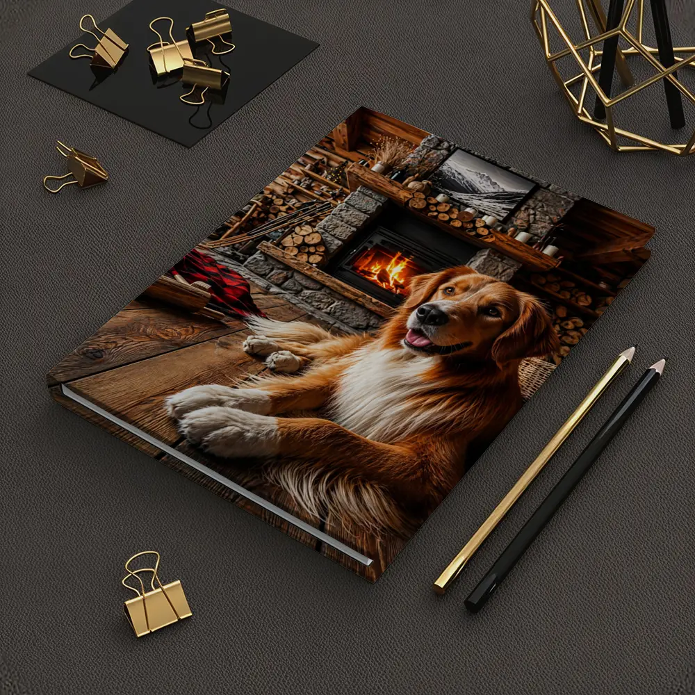 Golden Retriever Resting by Cozy Cabin Fireplace – Notebooks