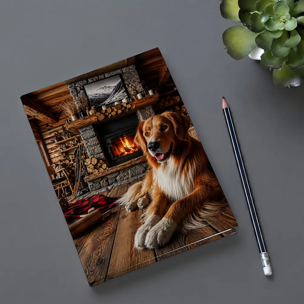 Golden Retriever Resting by Cozy Cabin Fireplace – Notebooks