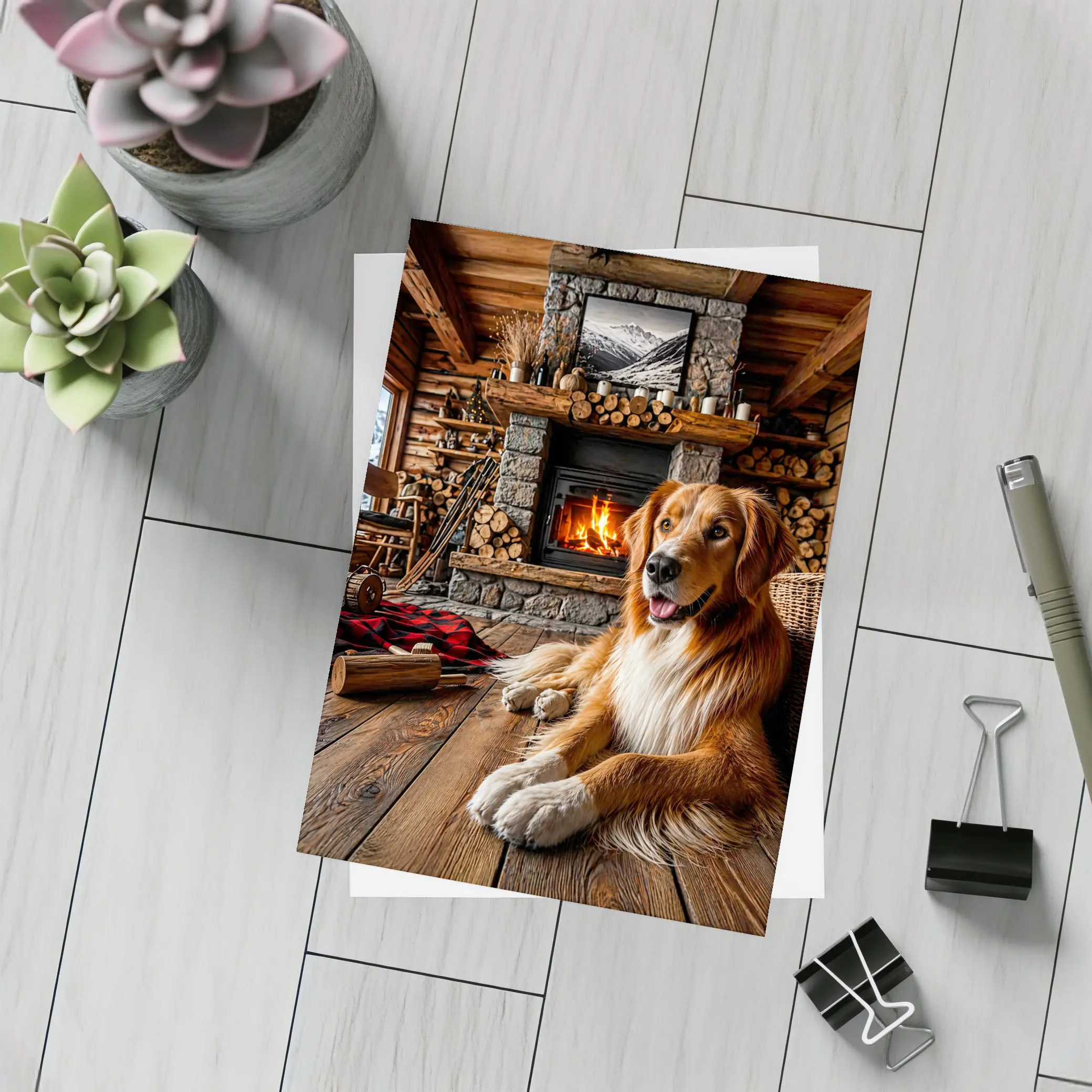 Golden Retriever Resting by Cozy Cabin Fireplace – Postcards