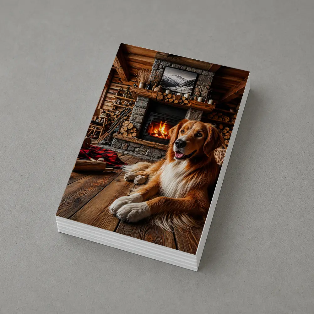 Golden Retriever Resting by Cozy Cabin Fireplace – Postcards