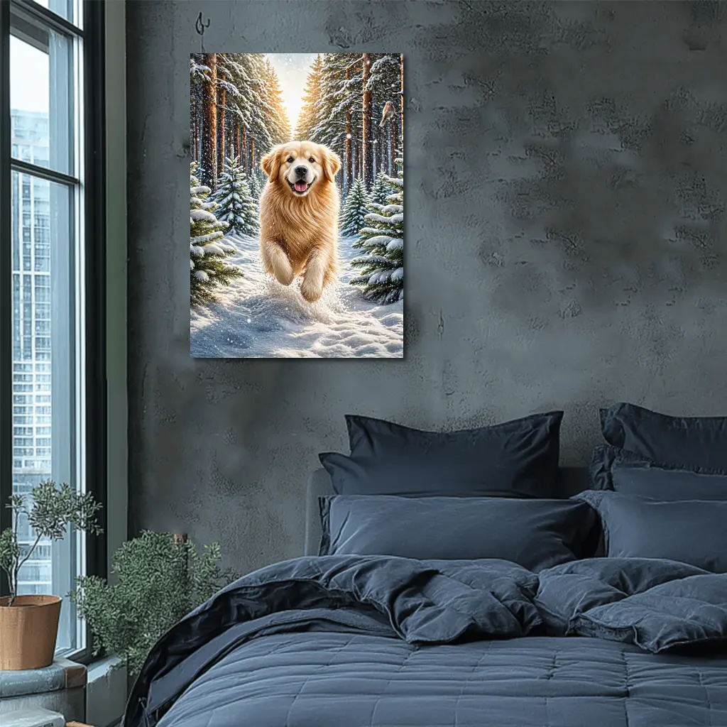 Golden Retriever Running Through Snowy Winter Forest – Wall Art