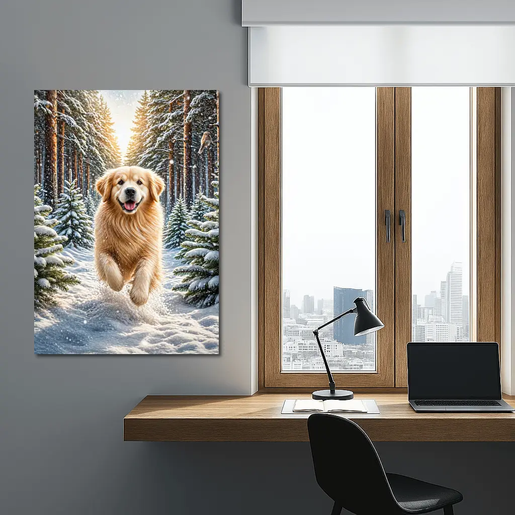 Golden Retriever Running Through Snowy Winter Forest – Wall Art
