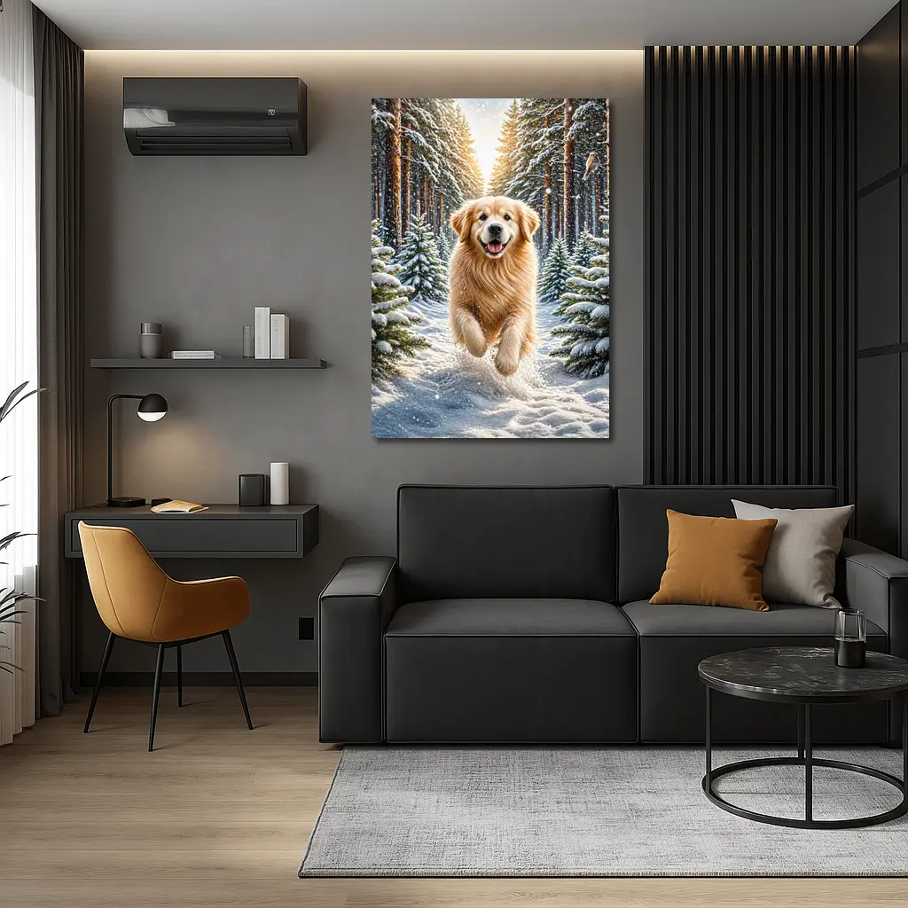 Golden Retriever Running Through Snowy Winter Forest – Wall Art