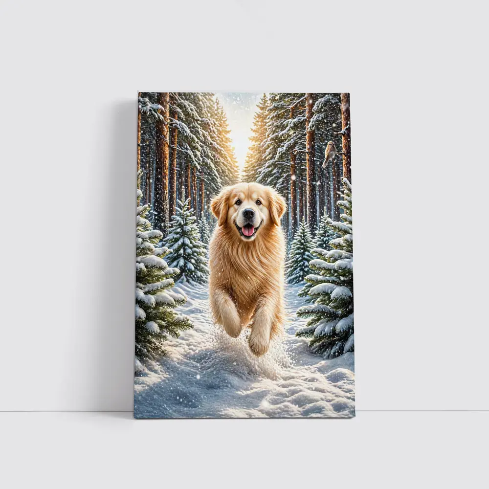 Golden Retriever Running Through Snowy Winter Forest – Wall Art
