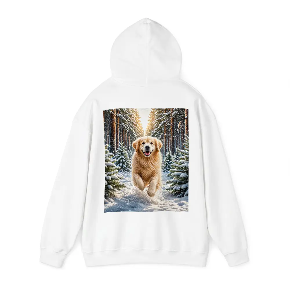 Golden Retriever Running Through Snowy Winter Forest – Hoodies
