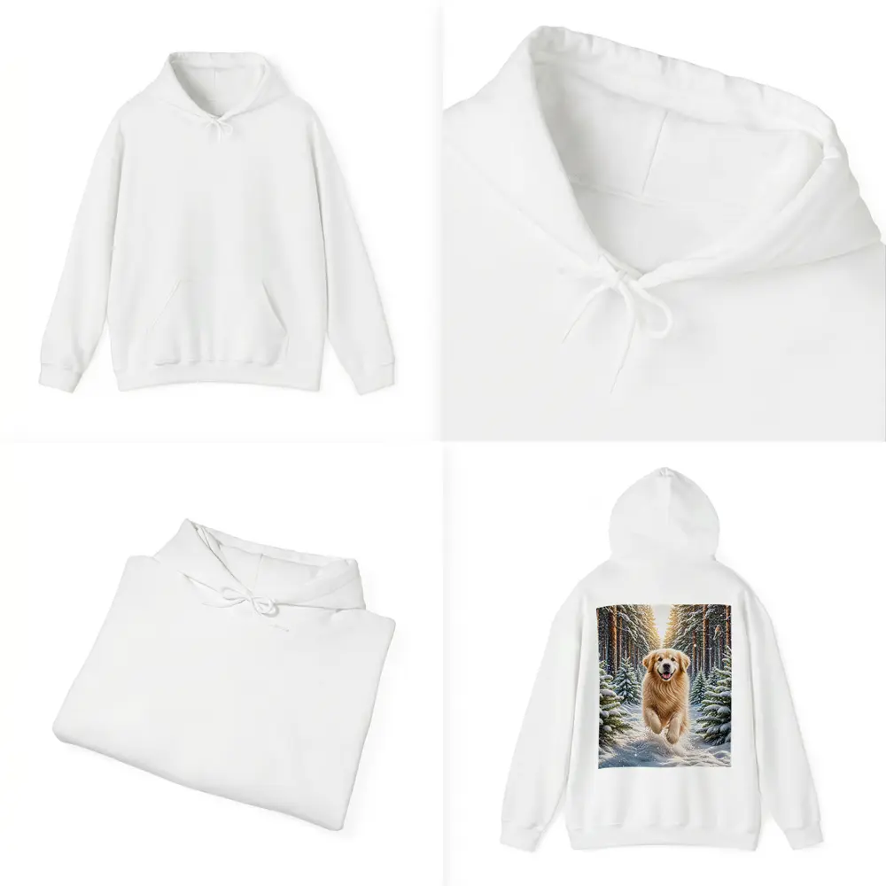 Golden Retriever Running Through Snowy Winter Forest – Hoodies