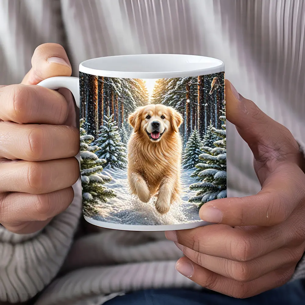 Golden Retriever Running Through Snowy Winter Forest – Mugs