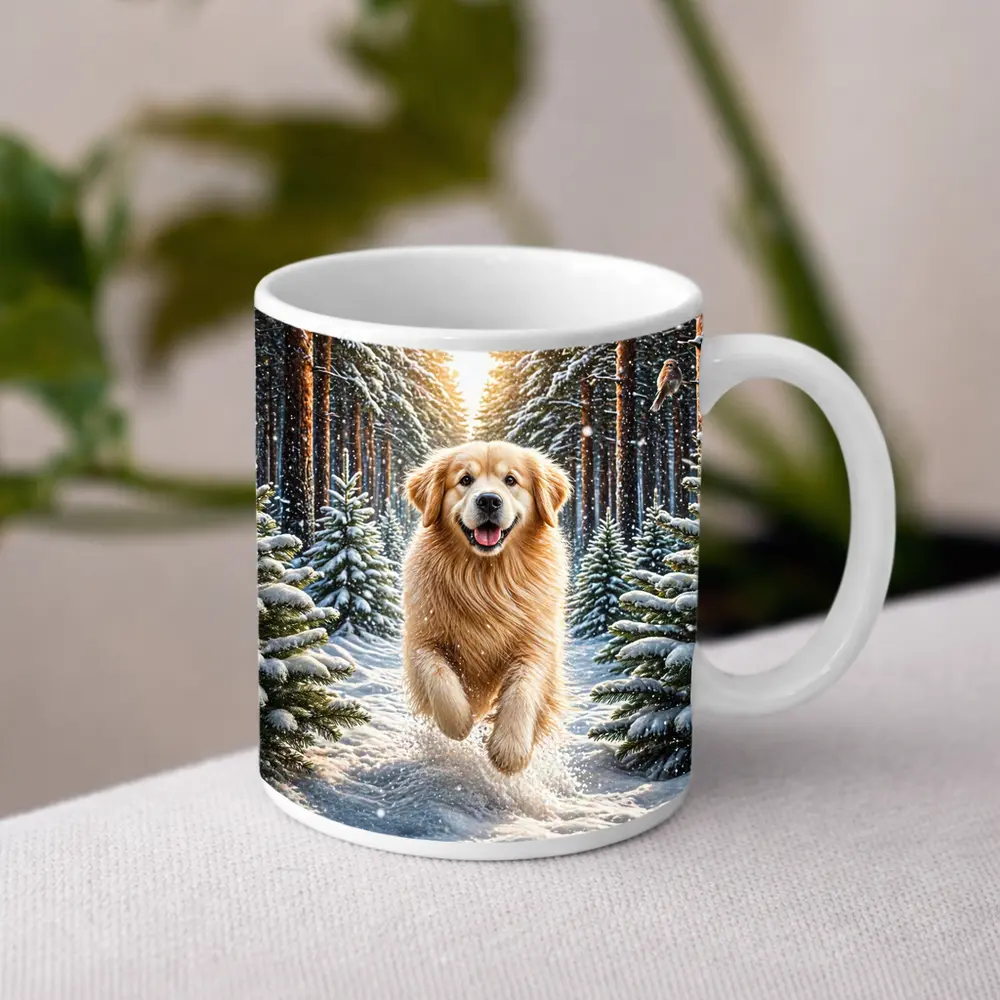 Golden Retriever Running Through Snowy Winter Forest – Mugs