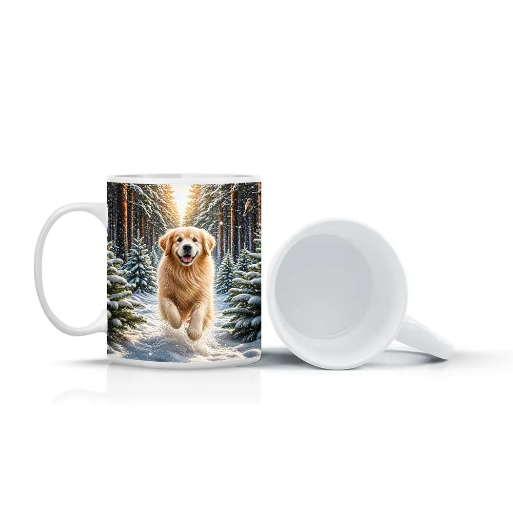 Golden Retriever Running Through Snowy Winter Forest – Mugs