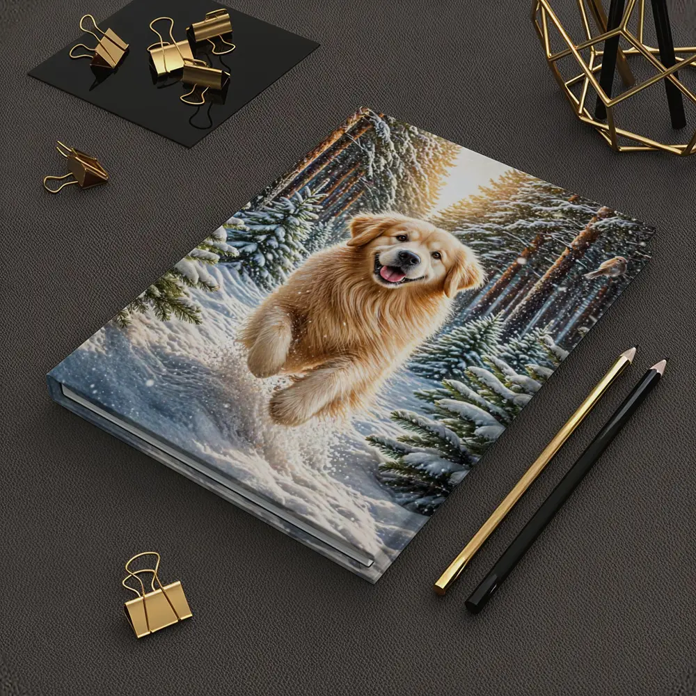 Golden Retriever Running Through Snowy Winter Forest – Notebooks