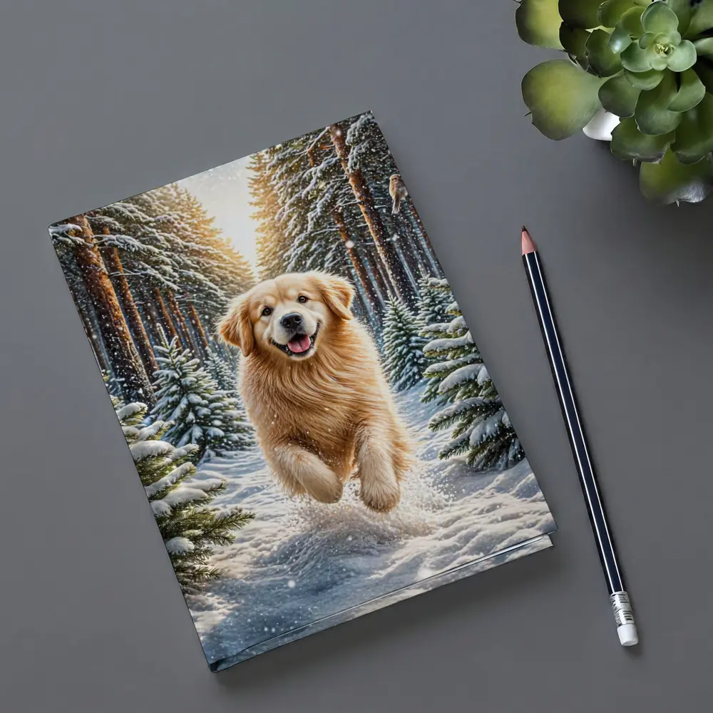 Golden Retriever Running Through Snowy Winter Forest – Notebooks