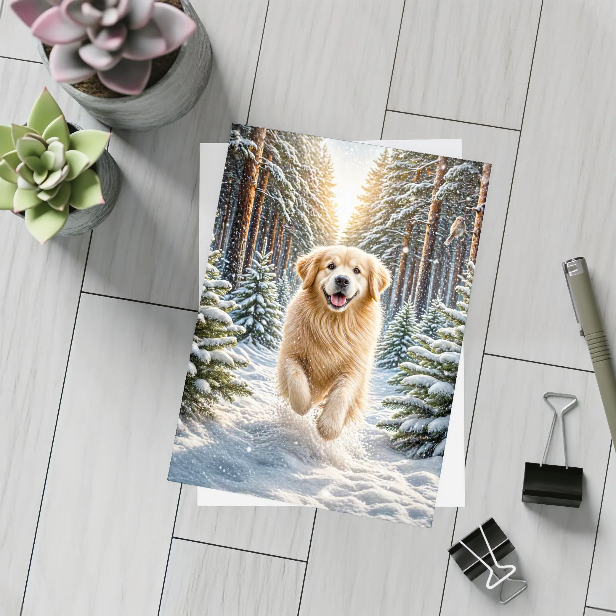 Golden Retriever Running Through Snowy Winter Forest – Postcards