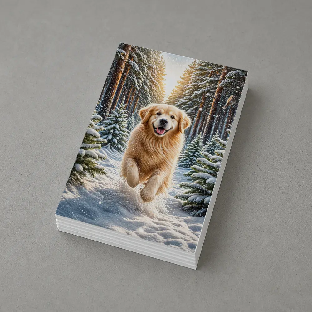 Golden Retriever Running Through Snowy Winter Forest – Postcards
