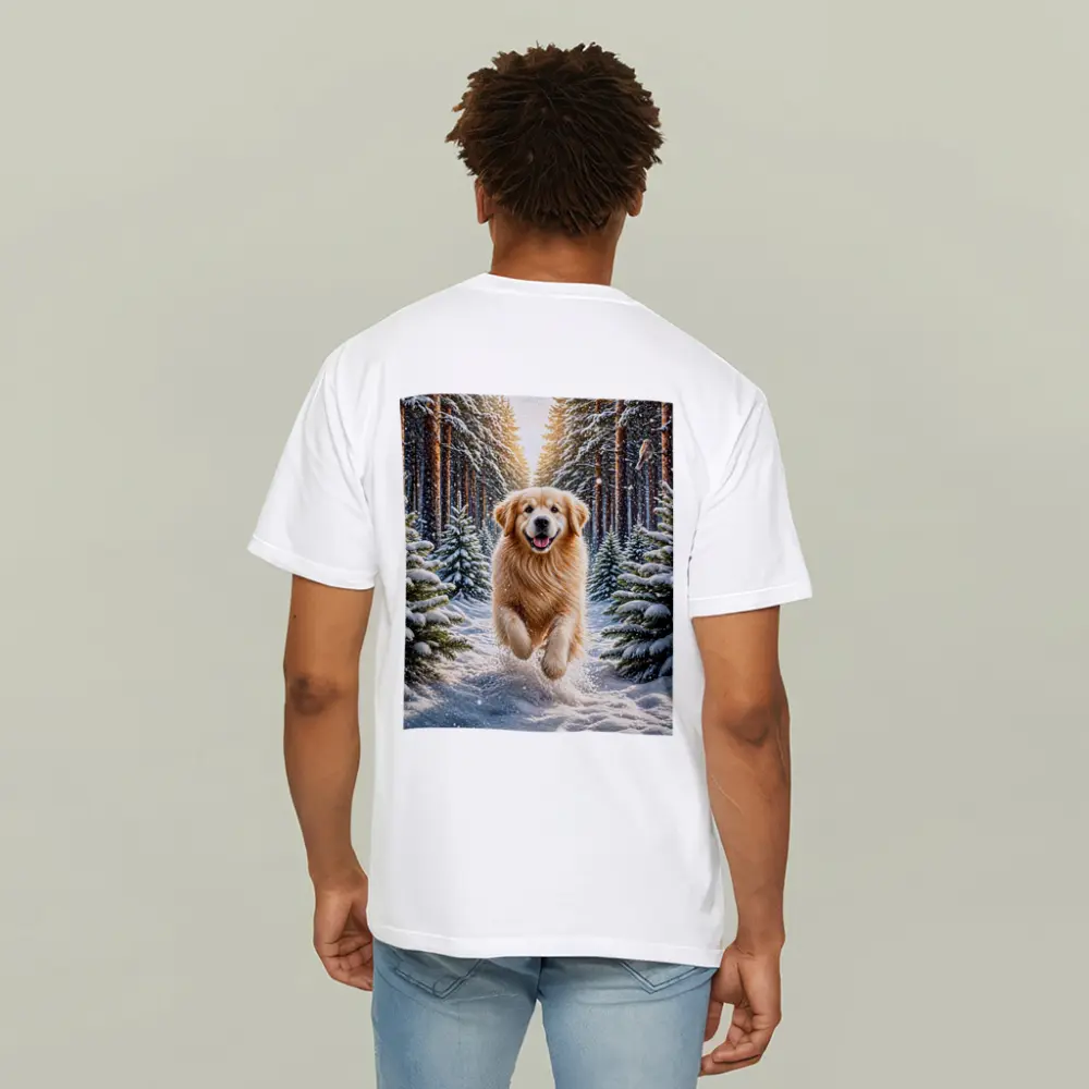 Golden Retriever Running Through Snowy Winter Forest – T-Shirts
