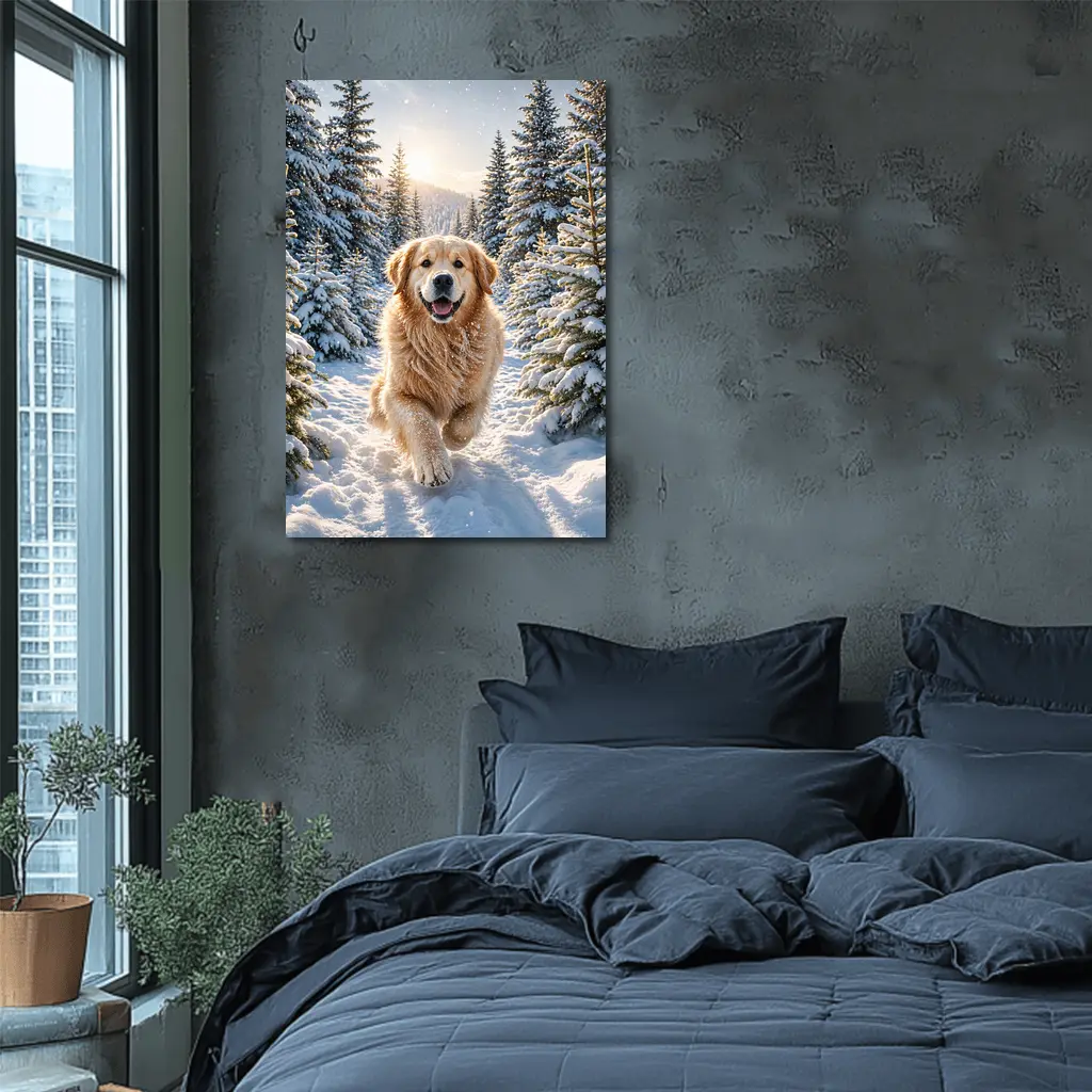 Golden Retriever Running Through Snowy Forest – Wall Art