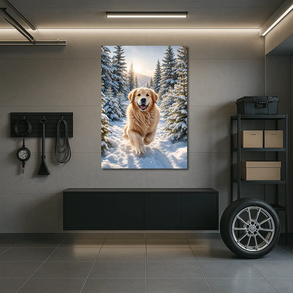 Golden Retriever Running Through Snowy Forest – Wall Art