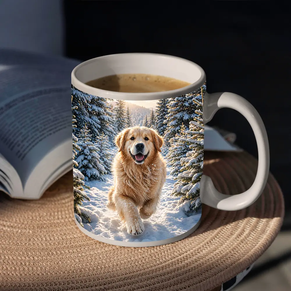 Golden Retriever Running Through Snowy Forest – Mugs